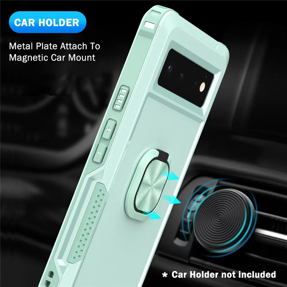 3-in-1 Drop-proof Phone Case For Google Pixel 6, Kickstand Ring Holder Precise Cutouts Phone Back Cover - Green - 4