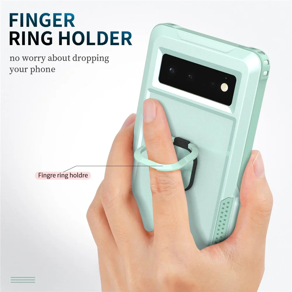 3-in-1 Drop-proof Phone Case For Google Pixel 6, Kickstand Ring Holder Precise Cutouts Phone Back Cover - Green - 6