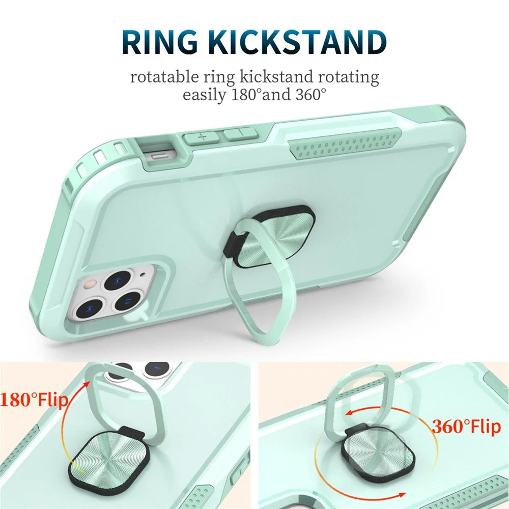 For iPhone 12 / 12 Pro 6.1 inch 3-in-1 Shockproof Ring Holder Phone Case Kickstand Anti-fall Phone Protective Back Cover - Green - 2