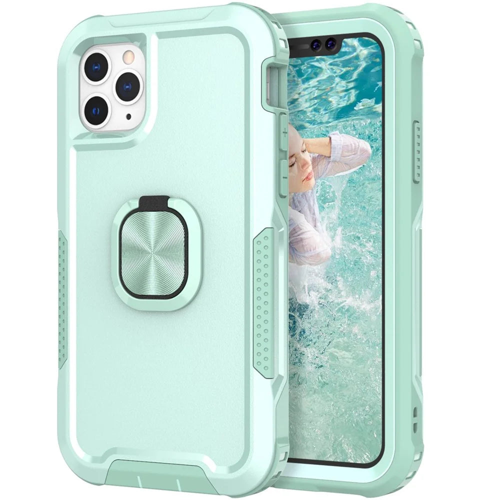 For iPhone 12 Pro Max 6.7 inch 3-in-1  PC + Silicone Phone Case Rotatable Ring Kickstand Anti-scratch Protective Phone Back Cover - Green - 1