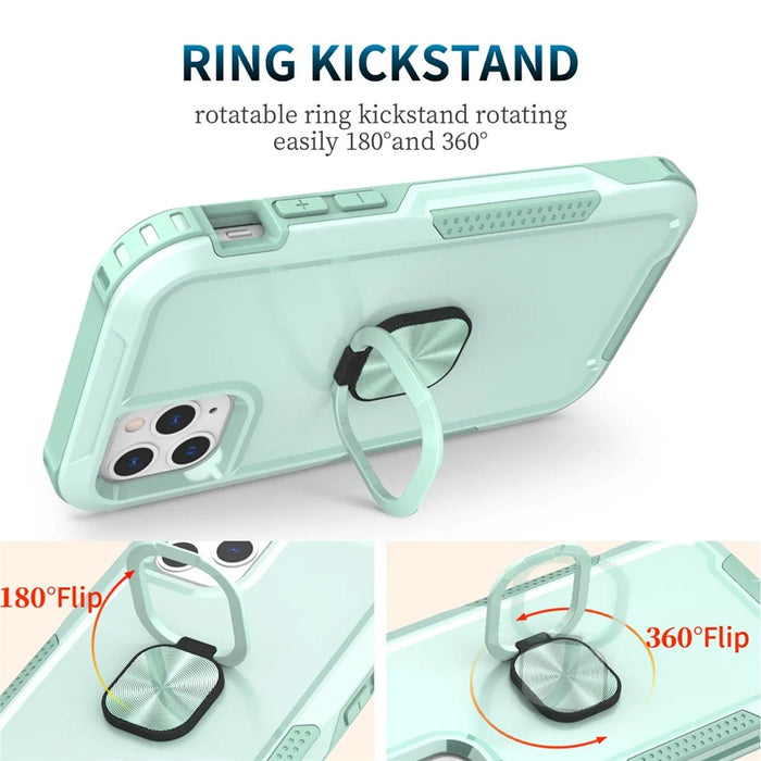 For iPhone 12 Pro Max 6.7 inch 3-in-1  PC + Silicone Phone Case Rotatable Ring Kickstand Anti-scratch Protective Phone Back Cover - Green - 2