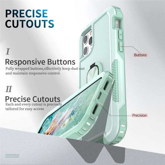 For iPhone 12 Pro Max 6.7 inch 3-in-1  PC + Silicone Phone Case Rotatable Ring Kickstand Anti-scratch Protective Phone Back Cover - Green - 3