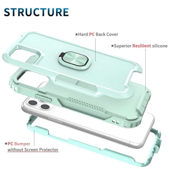 For iPhone 12 Pro Max 6.7 inch 3-in-1  PC + Silicone Phone Case Rotatable Ring Kickstand Anti-scratch Protective Phone Back Cover - Green - 6