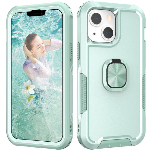 For iPhone 13 6.1 inch 3-in-1 Shockproof Ring Holder Phone Case Kickstand Anti-wear Protective Phone Back Cover - Green - 1