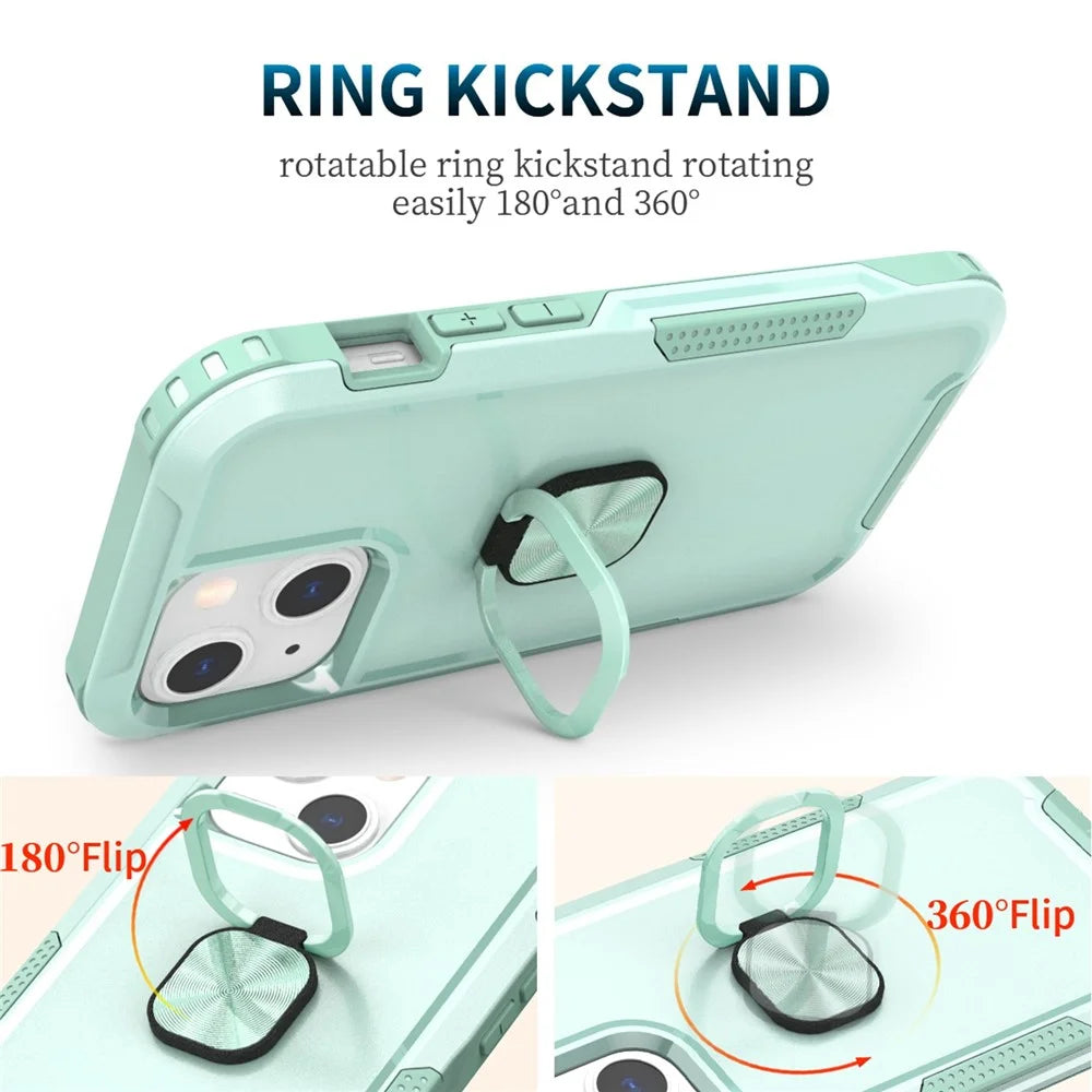 For iPhone 13 6.1 inch 3-in-1 Shockproof Ring Holder Phone Case Kickstand Anti-wear Protective Phone Back Cover - Green - 2