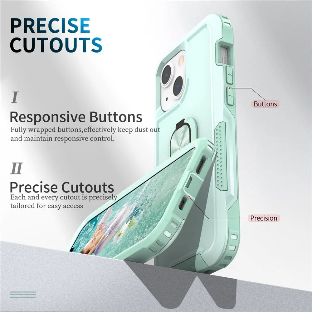 For iPhone 13 6.1 inch 3-in-1 Shockproof Ring Holder Phone Case Kickstand Anti-wear Protective Phone Back Cover - Green - 3