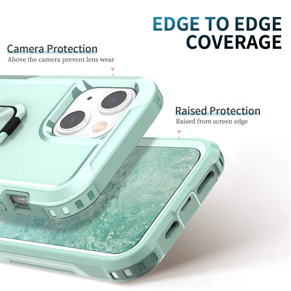 For iPhone 13 6.1 inch 3-in-1 Shockproof Ring Holder Phone Case Kickstand Anti-wear Protective Phone Back Cover - Green - 4