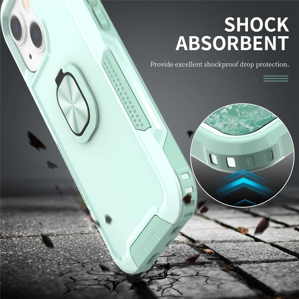 For iPhone 13 6.1 inch 3-in-1 Shockproof Ring Holder Phone Case Kickstand Anti-wear Protective Phone Back Cover - Green - 5
