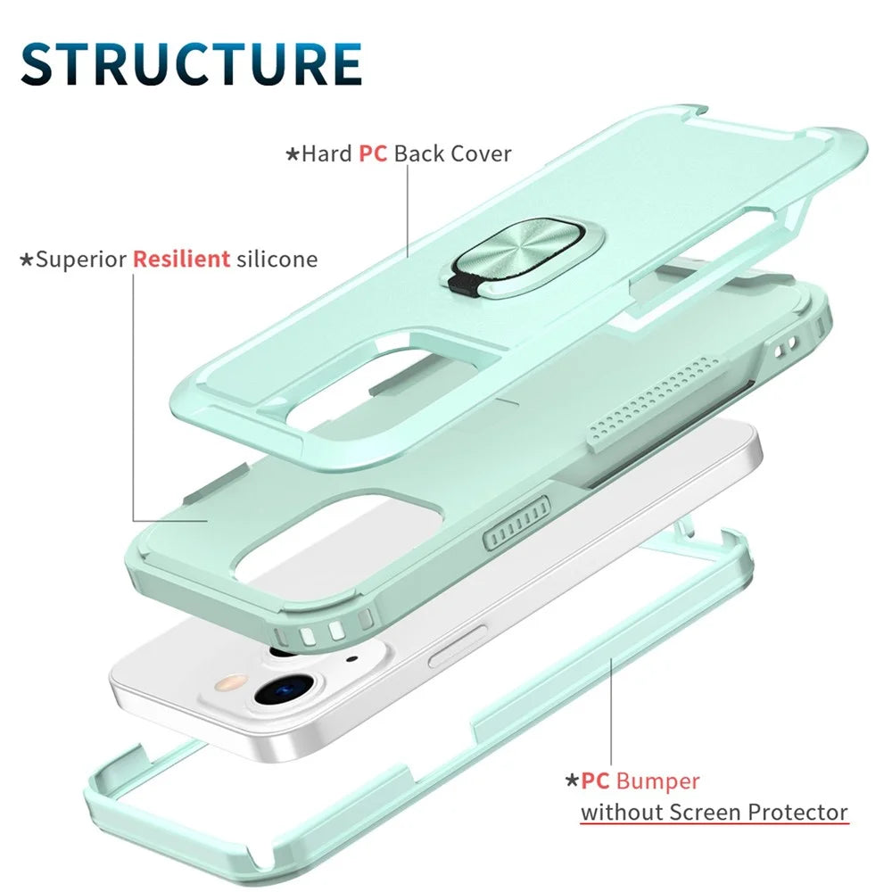For iPhone 13 6.1 inch 3-in-1 Shockproof Ring Holder Phone Case Kickstand Anti-wear Protective Phone Back Cover - Green - 6
