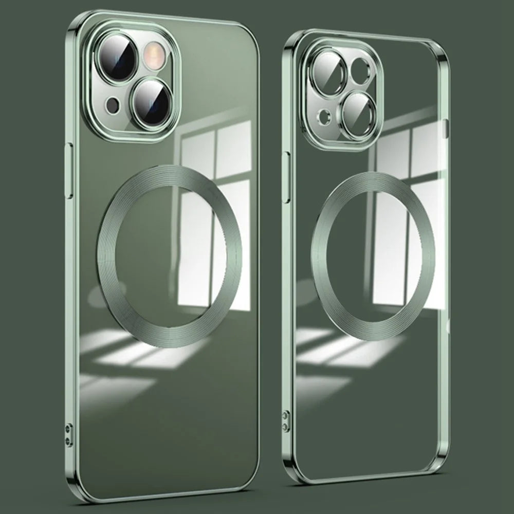 For iPhone 14 Plus Magnetic Charging TPU Phone Back Cover Ultra-Thin Phone Case with Lens Film - Green - 1