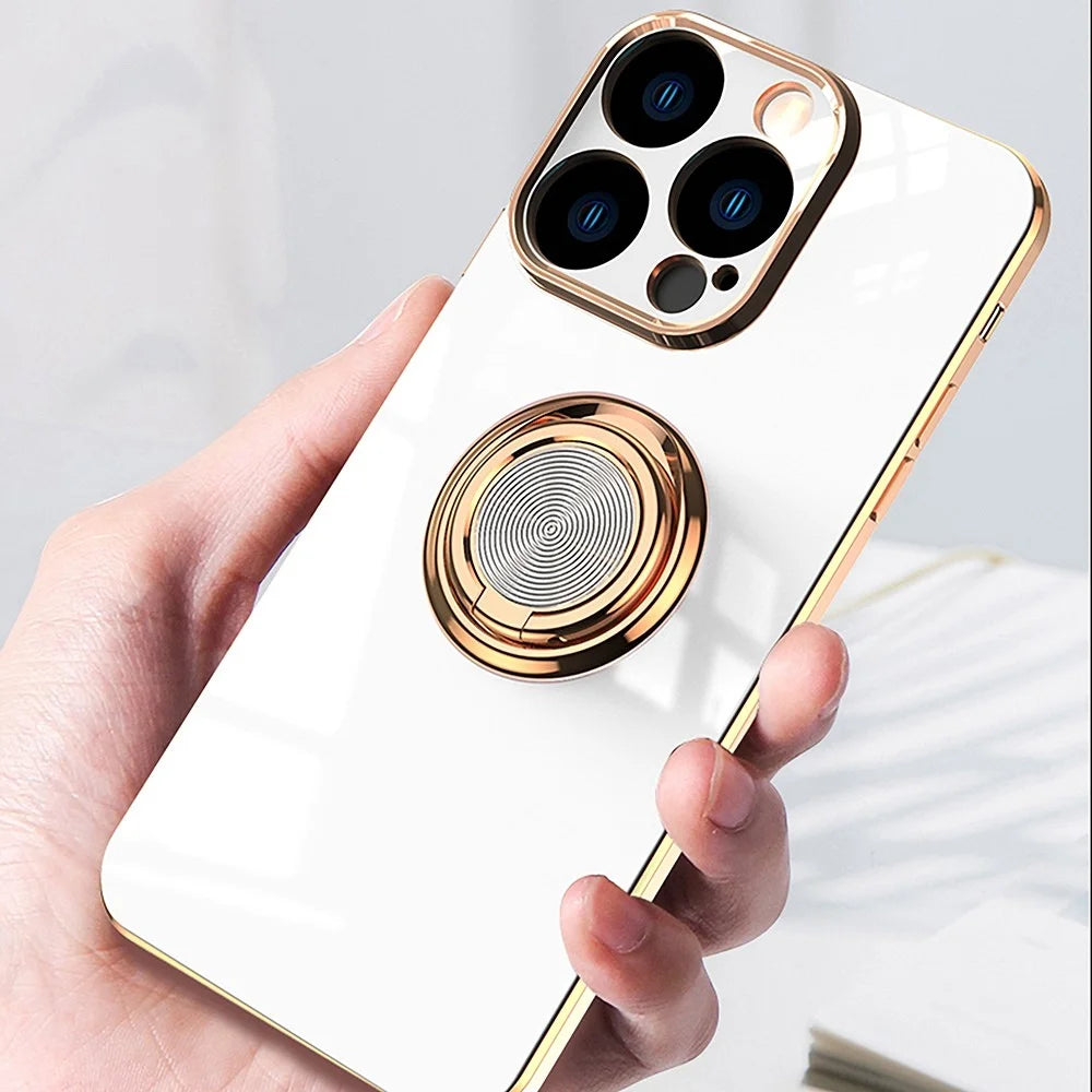 Precise Cutout Soft TPU Phone Case For iPhone 14 6.1 inch, Ring Holder Kickstand 9D Electroplating Mobile Phone Back Cover - White - 2