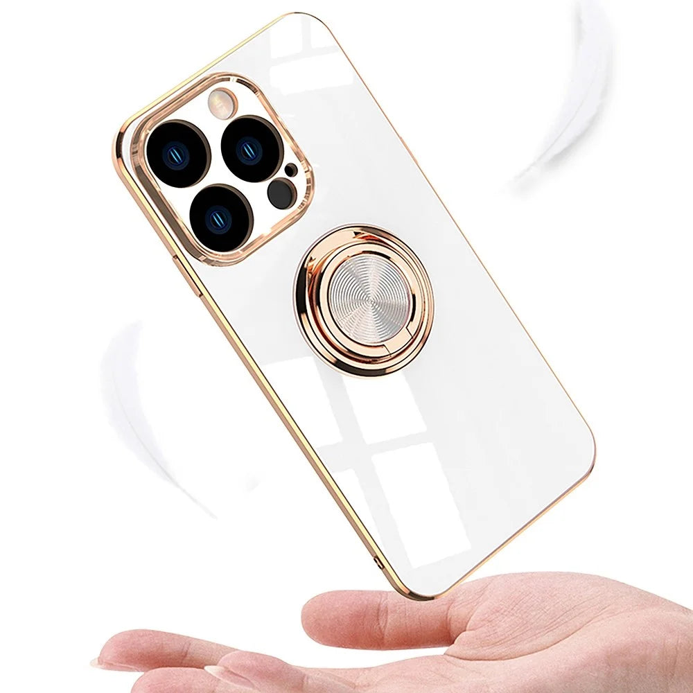 Precise Cutout Soft TPU Phone Case For iPhone 14 6.1 inch, Ring Holder Kickstand 9D Electroplating Mobile Phone Back Cover - White - 5