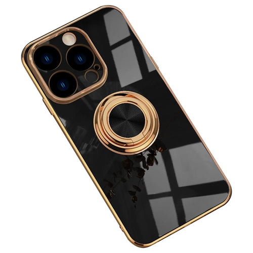 Soft TPU Phone Case Kickstand For iPhone 14 Pro 6.1 inch, Ring Holder Anti-drop 9D Electroplating Precise Cutout Phone Back Cover - Black - 1