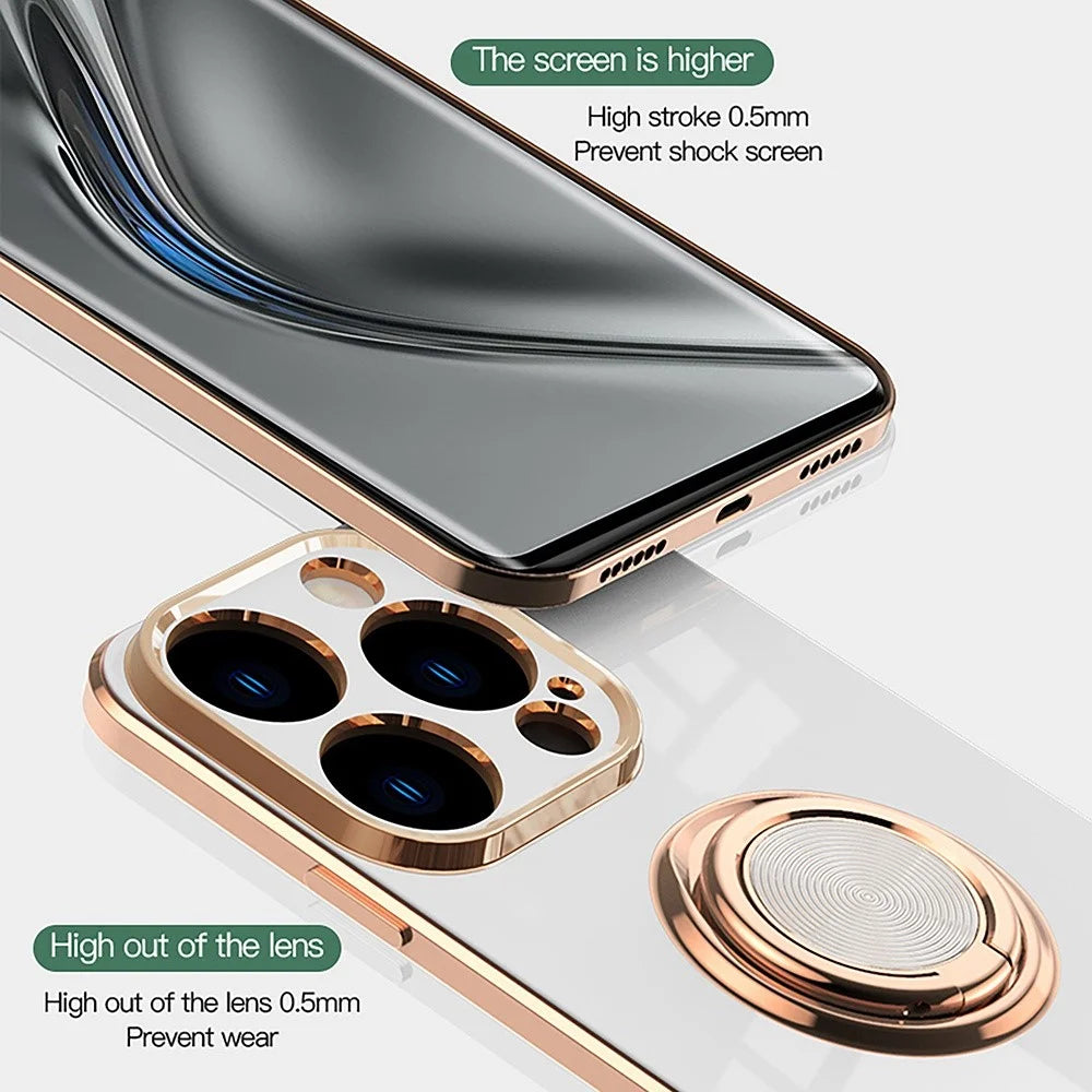 Soft TPU Phone Case Kickstand For iPhone 14 Pro 6.1 inch, Ring Holder Anti-drop 9D Electroplating Precise Cutout Phone Back Cover - Black - 6