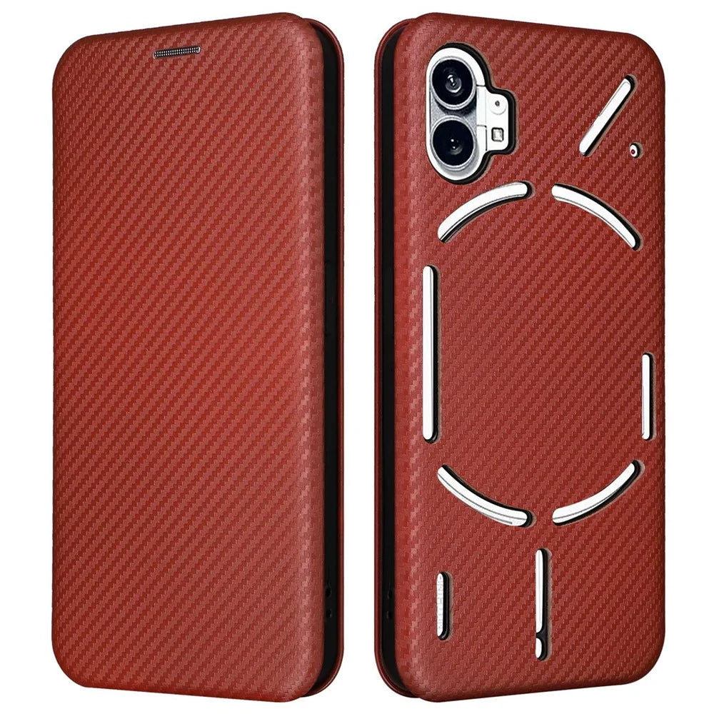 For Nothing phone (1) 5G Carbon Fiber Texture Mobile Phone Case Magnetic Auto-absorbed PU Leather Stand Cover with Card Holder - Brown - 1