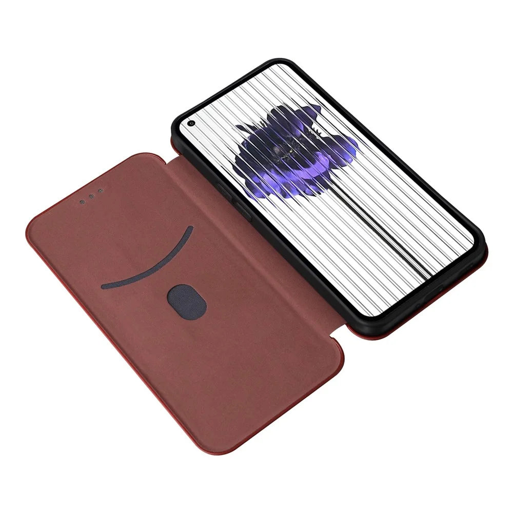 For Nothing phone (1) 5G Carbon Fiber Texture Mobile Phone Case Magnetic Auto-absorbed PU Leather Stand Cover with Card Holder - Brown - 2