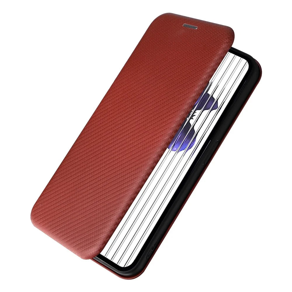 For Nothing phone (1) 5G Carbon Fiber Texture Mobile Phone Case Magnetic Auto-absorbed PU Leather Stand Cover with Card Holder - Brown - 5