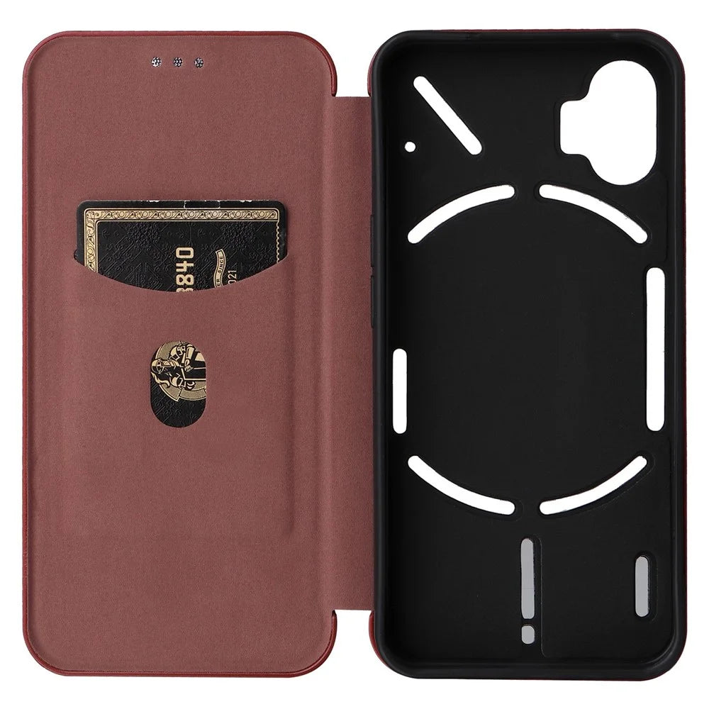 For Nothing phone (1) 5G Carbon Fiber Texture Mobile Phone Case Magnetic Auto-absorbed PU Leather Stand Cover with Card Holder - Brown - 6