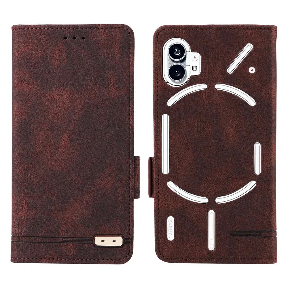 For Nothing phone (1) 5G Hardware Decor Cell Phone Case PU Leather Wallet Stand Fully Wrapped Shell - Coffee - 1