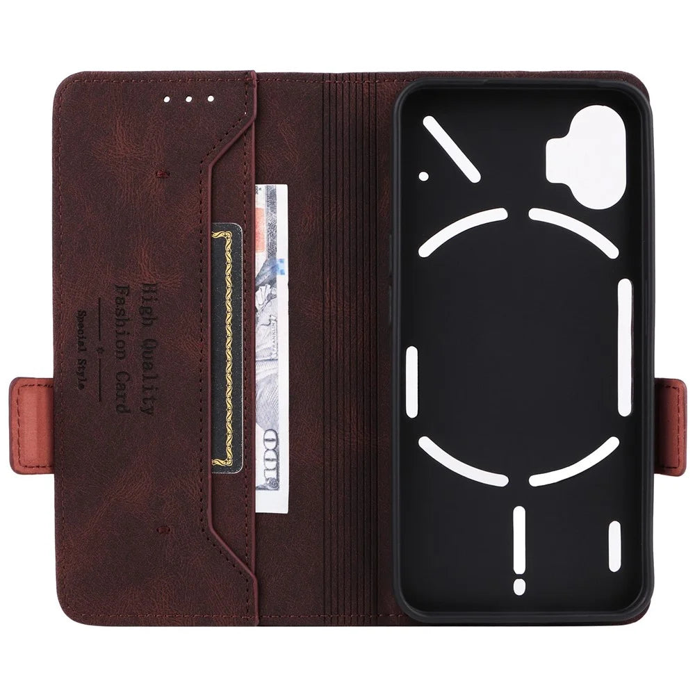 For Nothing phone (1) 5G Hardware Decor Cell Phone Case PU Leather Wallet Stand Fully Wrapped Shell - Coffee - 5
