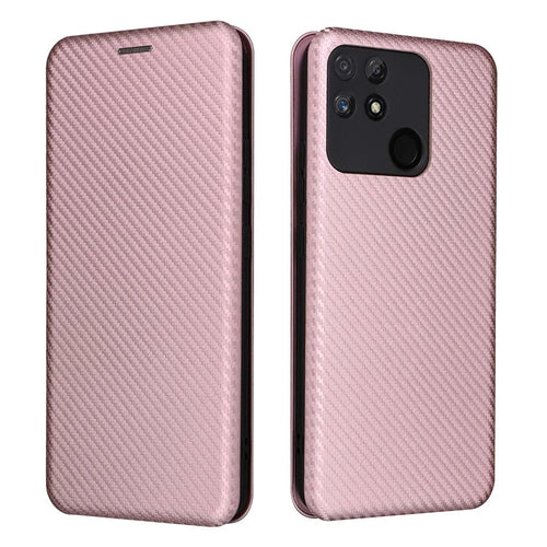 Carbon Fiber Texture Phone Case for Realme Narzo 50A PU Leather Anti-Drop Case Magnetic Closure Stand Cover with Card Holder - Rose Gold - 1