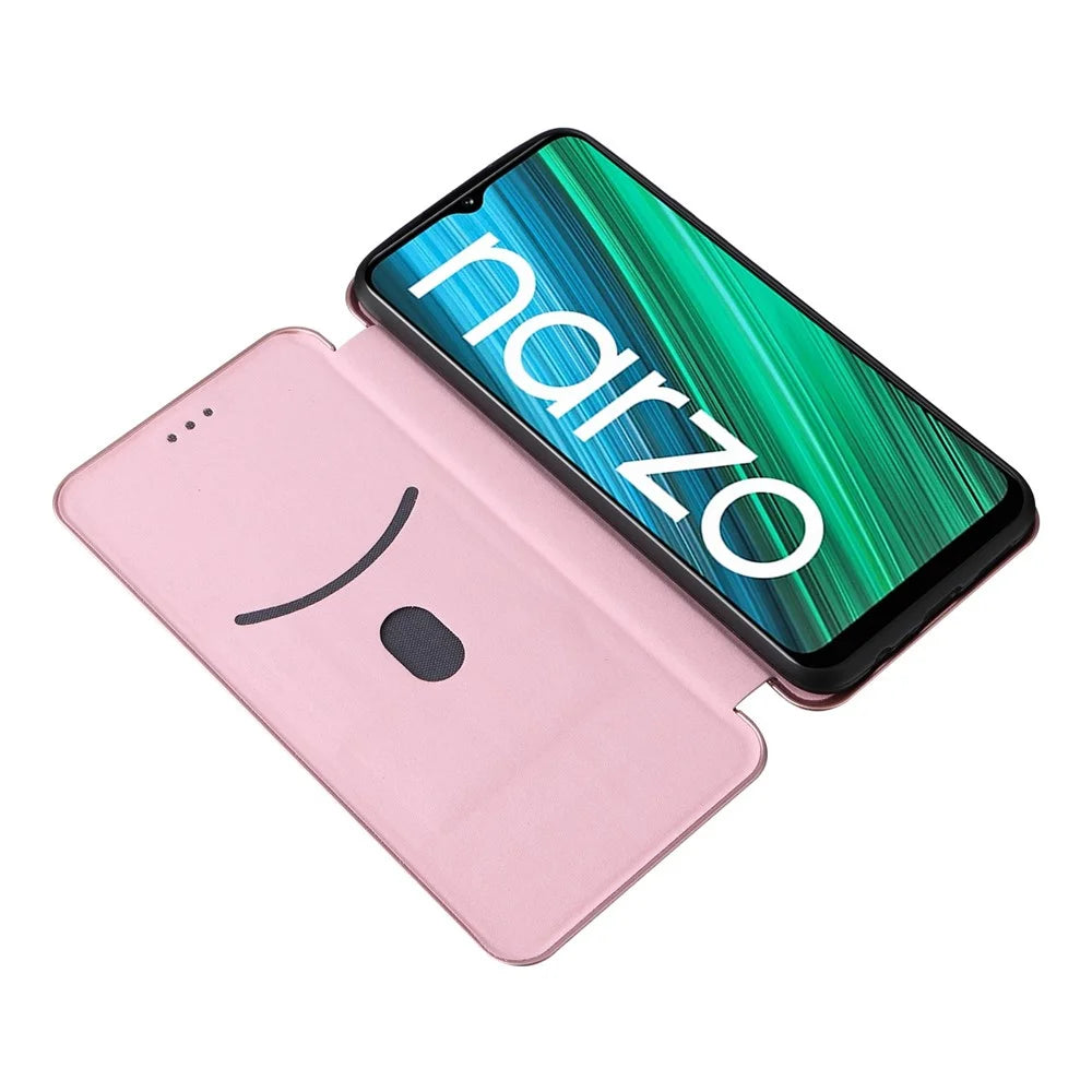 Carbon Fiber Texture Phone Case for Realme Narzo 50A PU Leather Anti-Drop Case Magnetic Closure Stand Cover with Card Holder - Rose Gold - 2