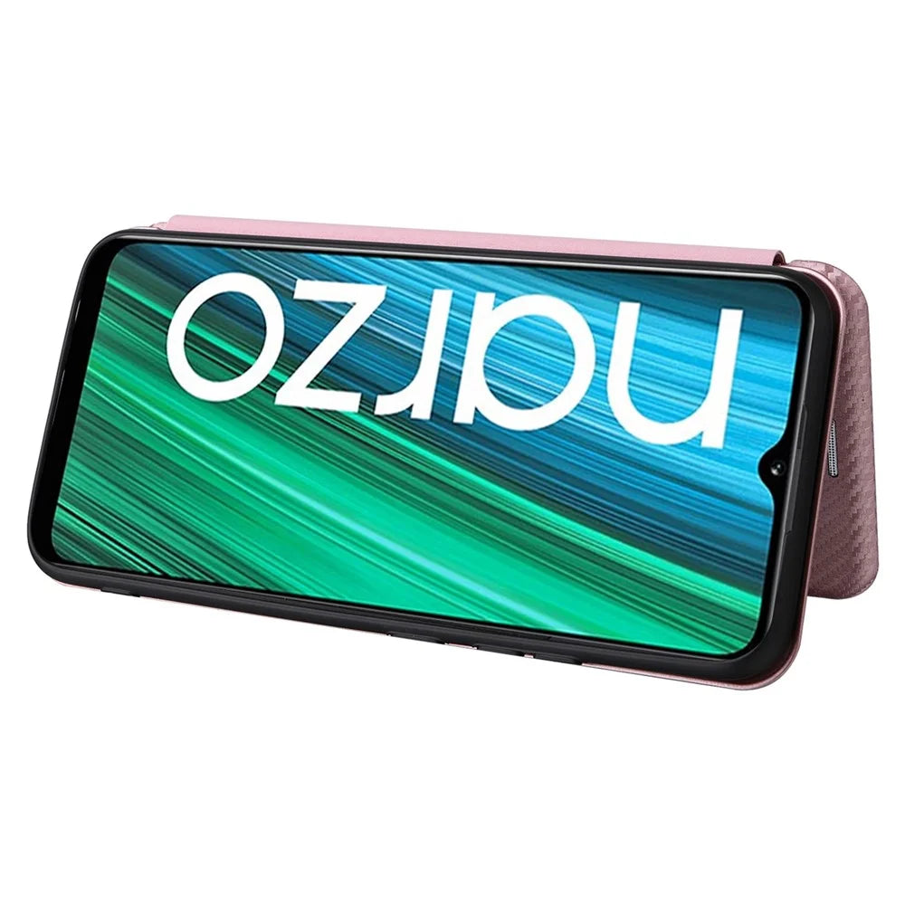Carbon Fiber Texture Phone Case for Realme Narzo 50A PU Leather Anti-Drop Case Magnetic Closure Stand Cover with Card Holder - Rose Gold - 3