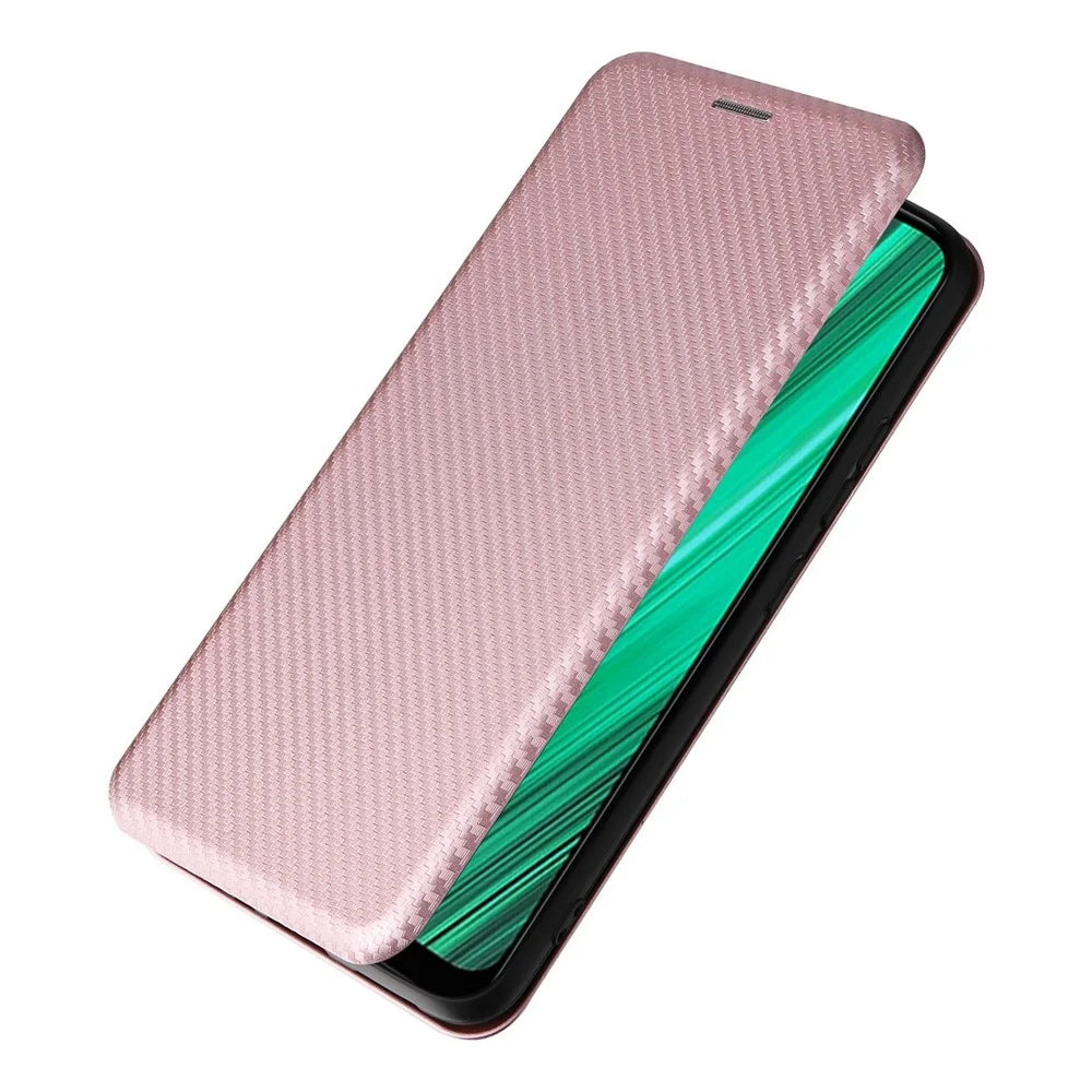 Carbon Fiber Texture Phone Case for Realme Narzo 50A PU Leather Anti-Drop Case Magnetic Closure Stand Cover with Card Holder - Rose Gold - 5