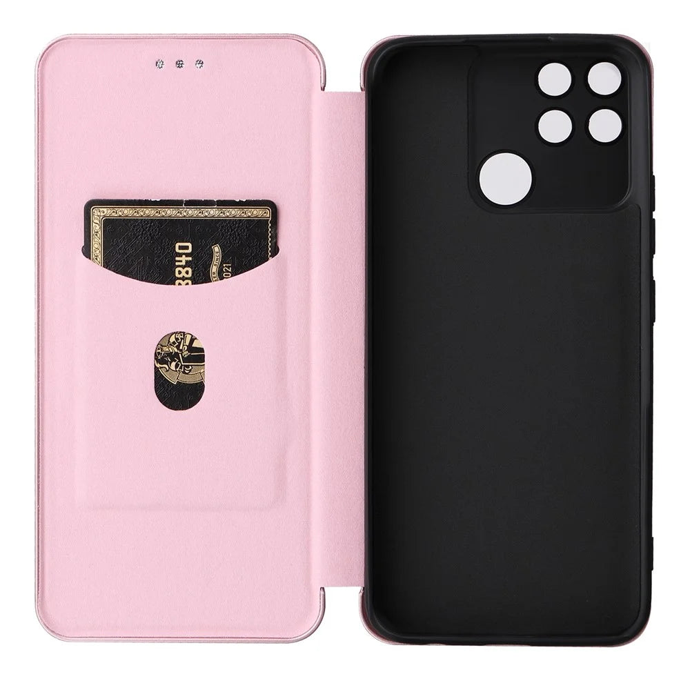 Carbon Fiber Texture Phone Case for Realme Narzo 50A PU Leather Anti-Drop Case Magnetic Closure Stand Cover with Card Holder - Rose Gold - 6
