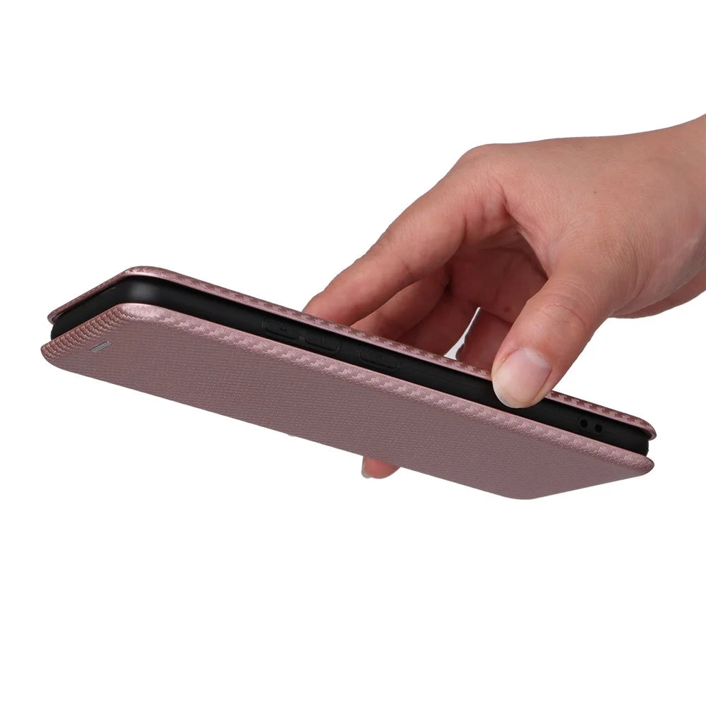 Carbon Fiber Texture Phone Case for Realme Narzo 50A PU Leather Anti-Drop Case Magnetic Closure Stand Cover with Card Holder - Rose Gold - 7