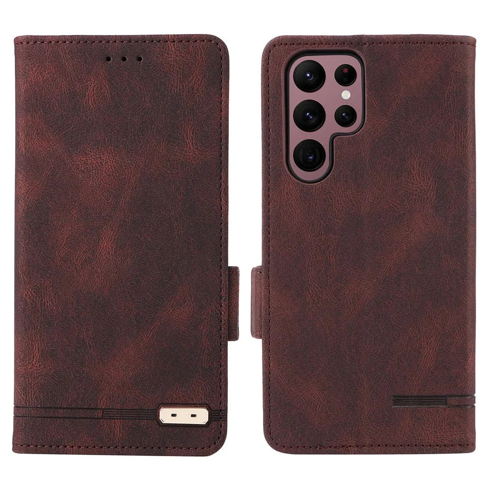 For Samsung Galaxy S22 Ultra 5G Hardware Decor Drop-proof Phone Case PU Leather+TPU Anti-wear Wallet Stand Shell - Coffee - 1