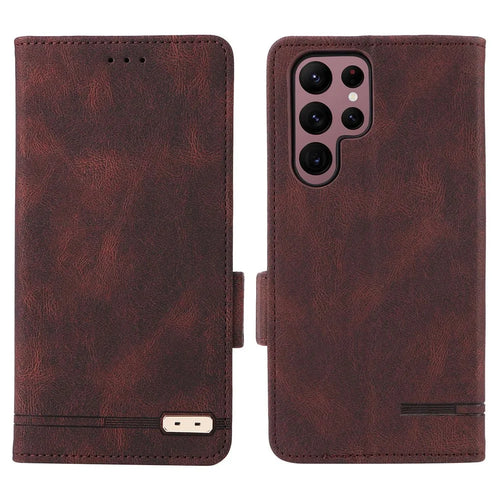 For Samsung Galaxy S22 Ultra 5G Hardware Decor Drop-proof Phone Case PU Leather+TPU Anti-wear Wallet Stand Shell - Coffee - 1