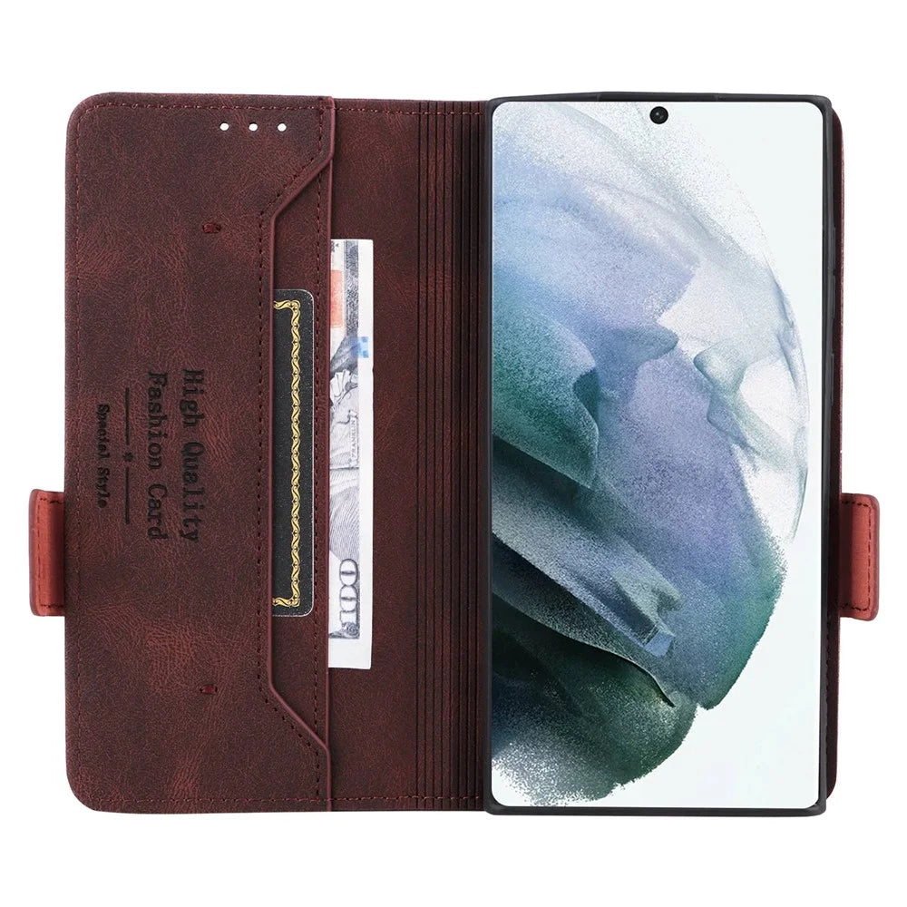 For Samsung Galaxy S22 Ultra 5G Hardware Decor Drop-proof Phone Case PU Leather+TPU Anti-wear Wallet Stand Shell - Coffee - 2