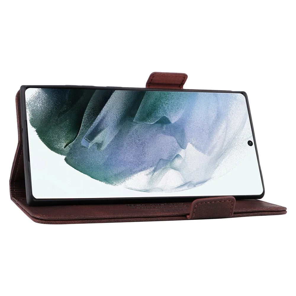 For Samsung Galaxy S22 Ultra 5G Hardware Decor Drop-proof Phone Case PU Leather+TPU Anti-wear Wallet Stand Shell - Coffee - 3