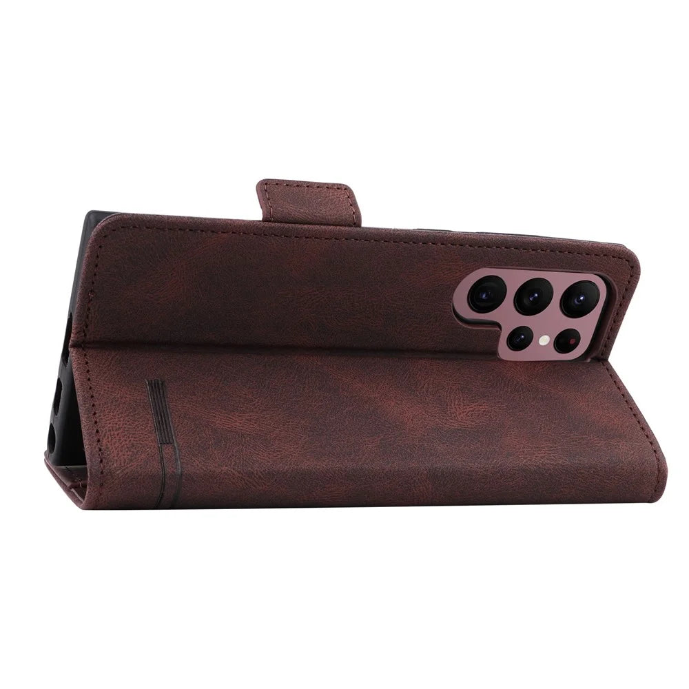 For Samsung Galaxy S22 Ultra 5G Hardware Decor Drop-proof Phone Case PU Leather+TPU Anti-wear Wallet Stand Shell - Coffee - 4
