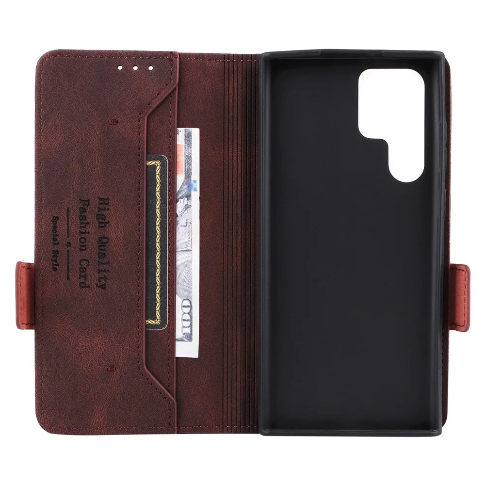 For Samsung Galaxy S22 Ultra 5G Hardware Decor Drop-proof Phone Case PU Leather+TPU Anti-wear Wallet Stand Shell - Coffee - 5