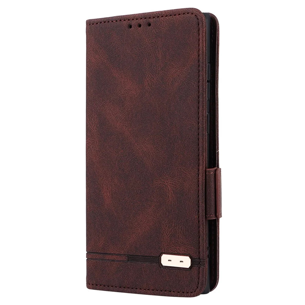 For Samsung Galaxy S22 Ultra 5G Hardware Decor Drop-proof Phone Case PU Leather+TPU Anti-wear Wallet Stand Shell - Coffee - 6