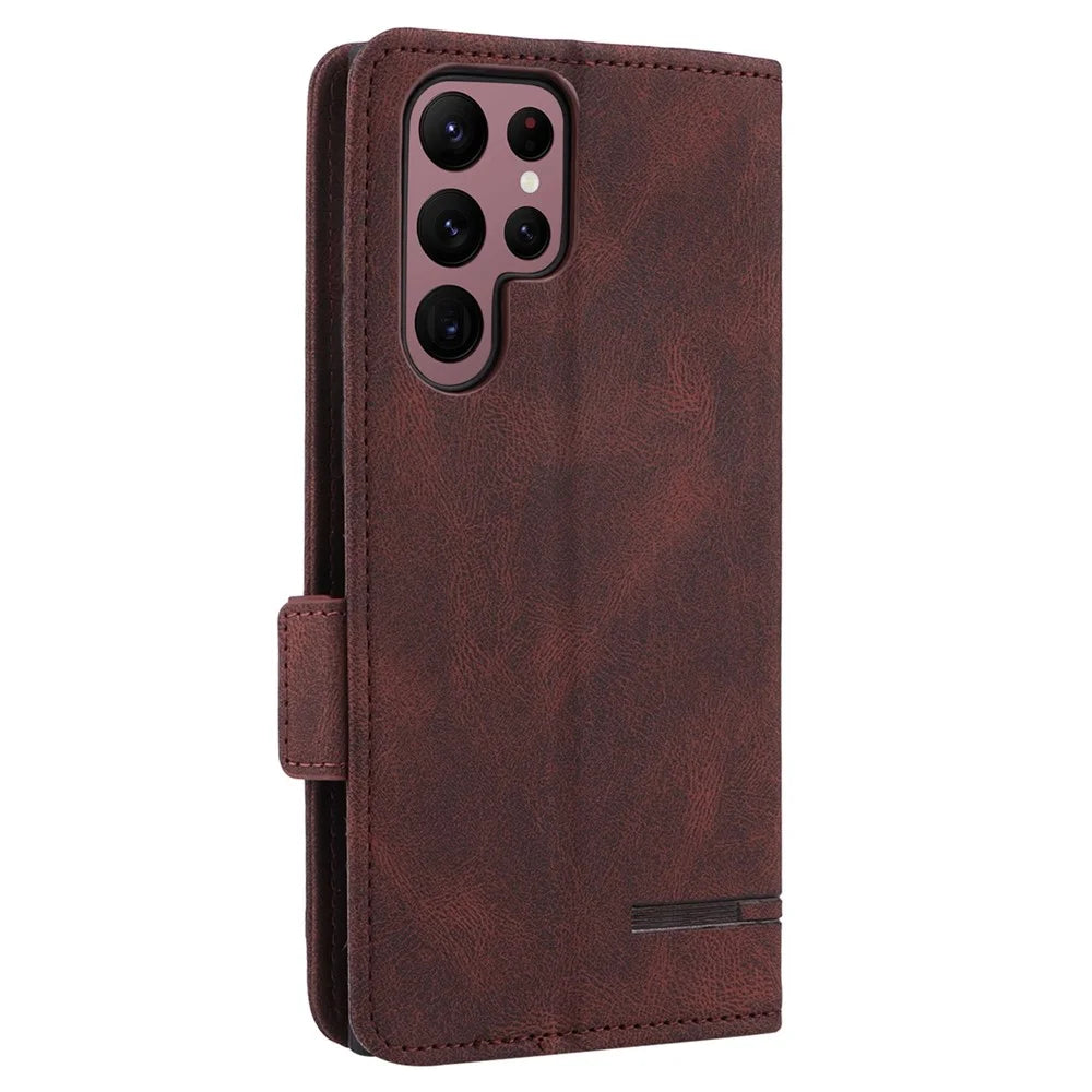 For Samsung Galaxy S22 Ultra 5G Hardware Decor Drop-proof Phone Case PU Leather+TPU Anti-wear Wallet Stand Shell - Coffee - 7
