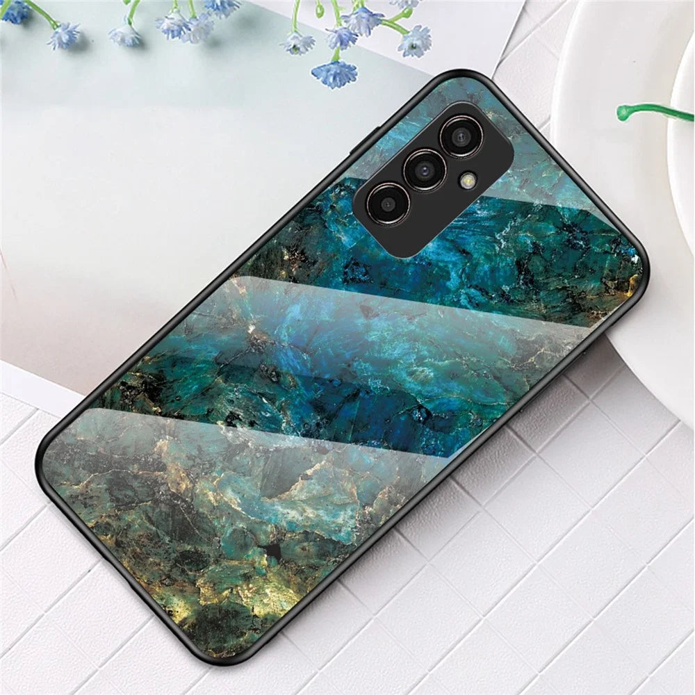 For Samsung Galaxy M13 4G Marble Pattern Phone Shell Tempered Glass + PC + TPU Hybrid Protective Cover - Emerald Marble - 2