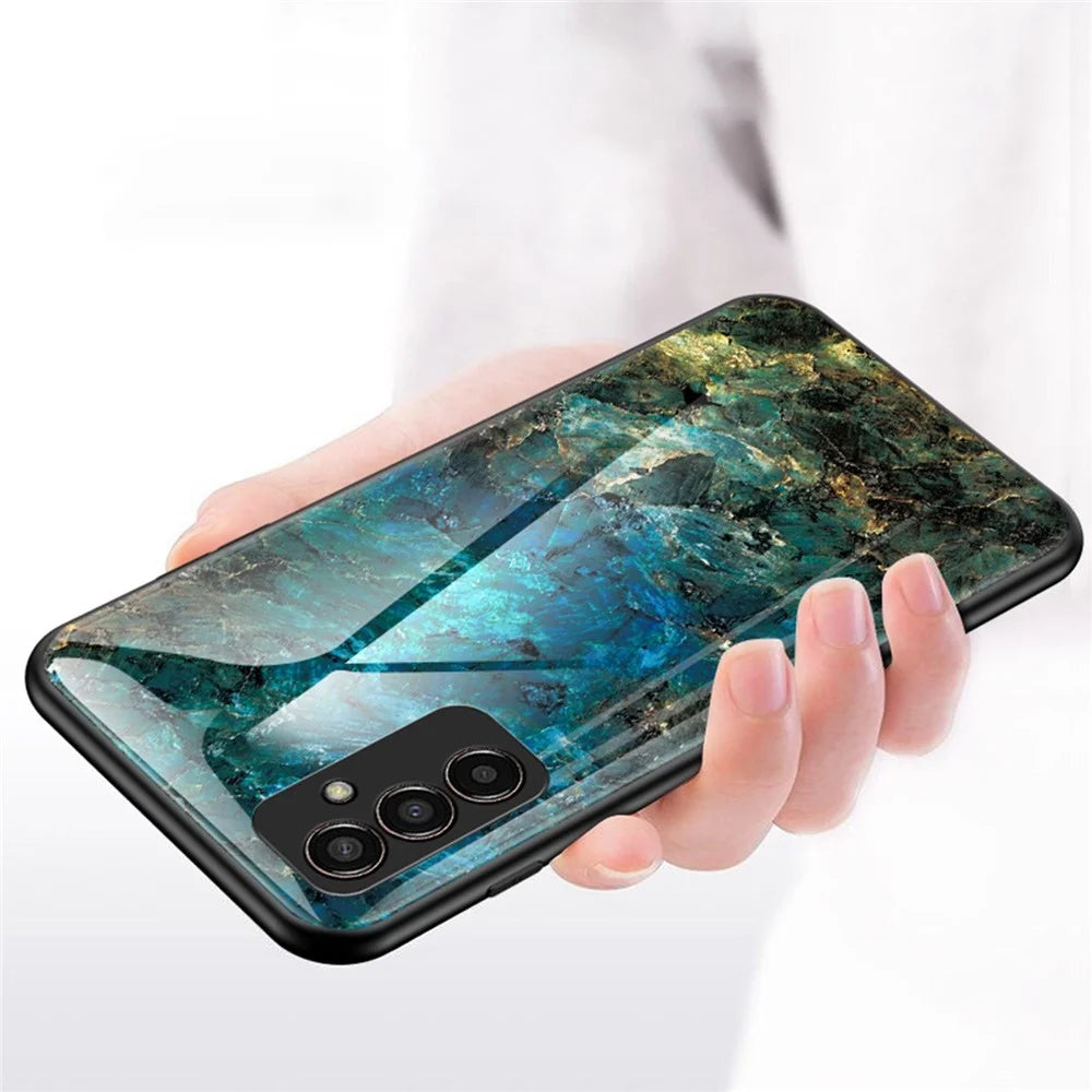 For Samsung Galaxy M13 4G Marble Pattern Phone Shell Tempered Glass + PC + TPU Hybrid Protective Cover - Emerald Marble - 3