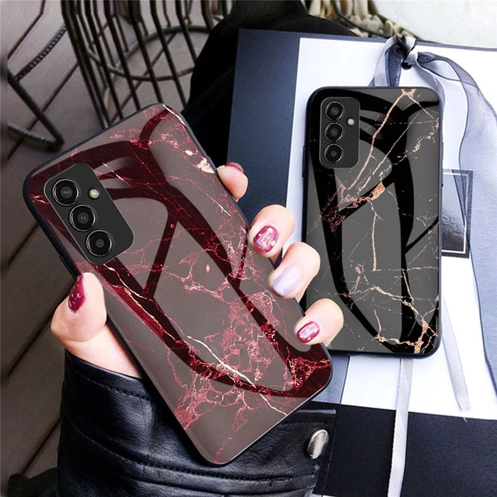 For Samsung Galaxy M13 4G Marble Pattern Phone Shell Tempered Glass + PC + TPU Hybrid Protective Cover - Emerald Marble - 6