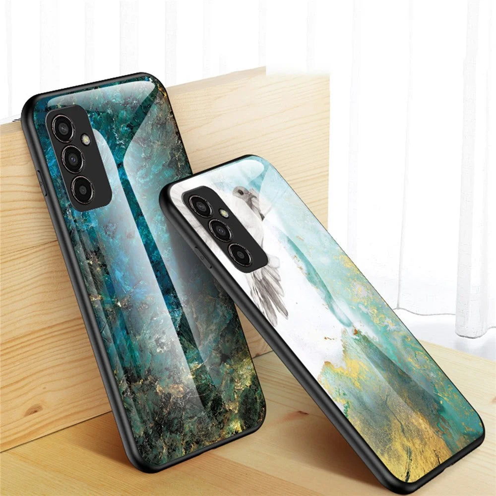 For Samsung Galaxy M13 4G Marble Pattern Phone Shell Tempered Glass + PC + TPU Hybrid Protective Cover - Emerald Marble - 7