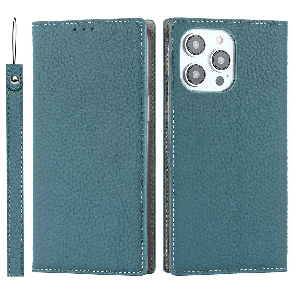 For iPhone 14 Pro Max 6.7 inch Genuine Leather Case Litchi Texture Wallet Stand Folio Flip Phone Cover with Hand Strap - Baby Blue - 1