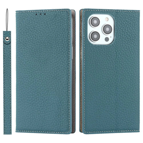 For iPhone 14 Pro Max 6.7 inch Genuine Leather Case Litchi Texture Wallet Stand Folio Flip Phone Cover with Hand Strap - Baby Blue - 1