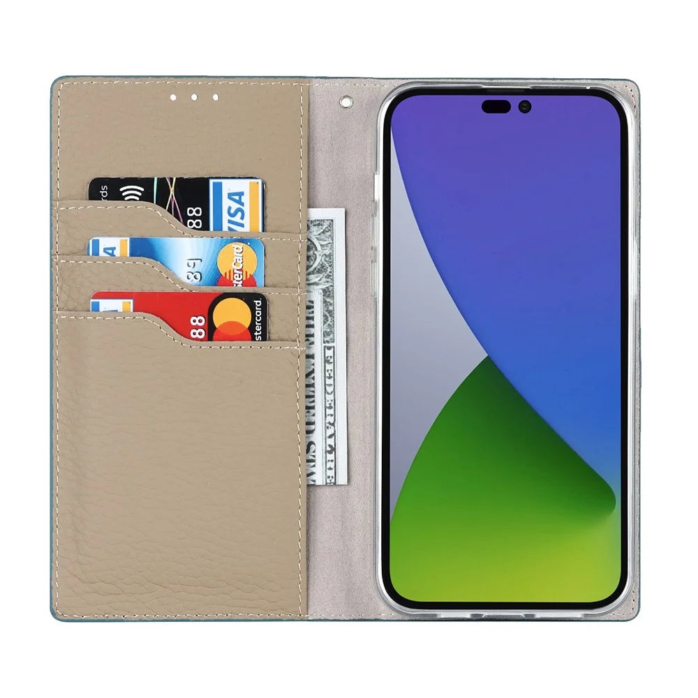 For iPhone 14 Pro Max 6.7 inch Genuine Leather Case Litchi Texture Wallet Stand Folio Flip Phone Cover with Hand Strap - Baby Blue - 2