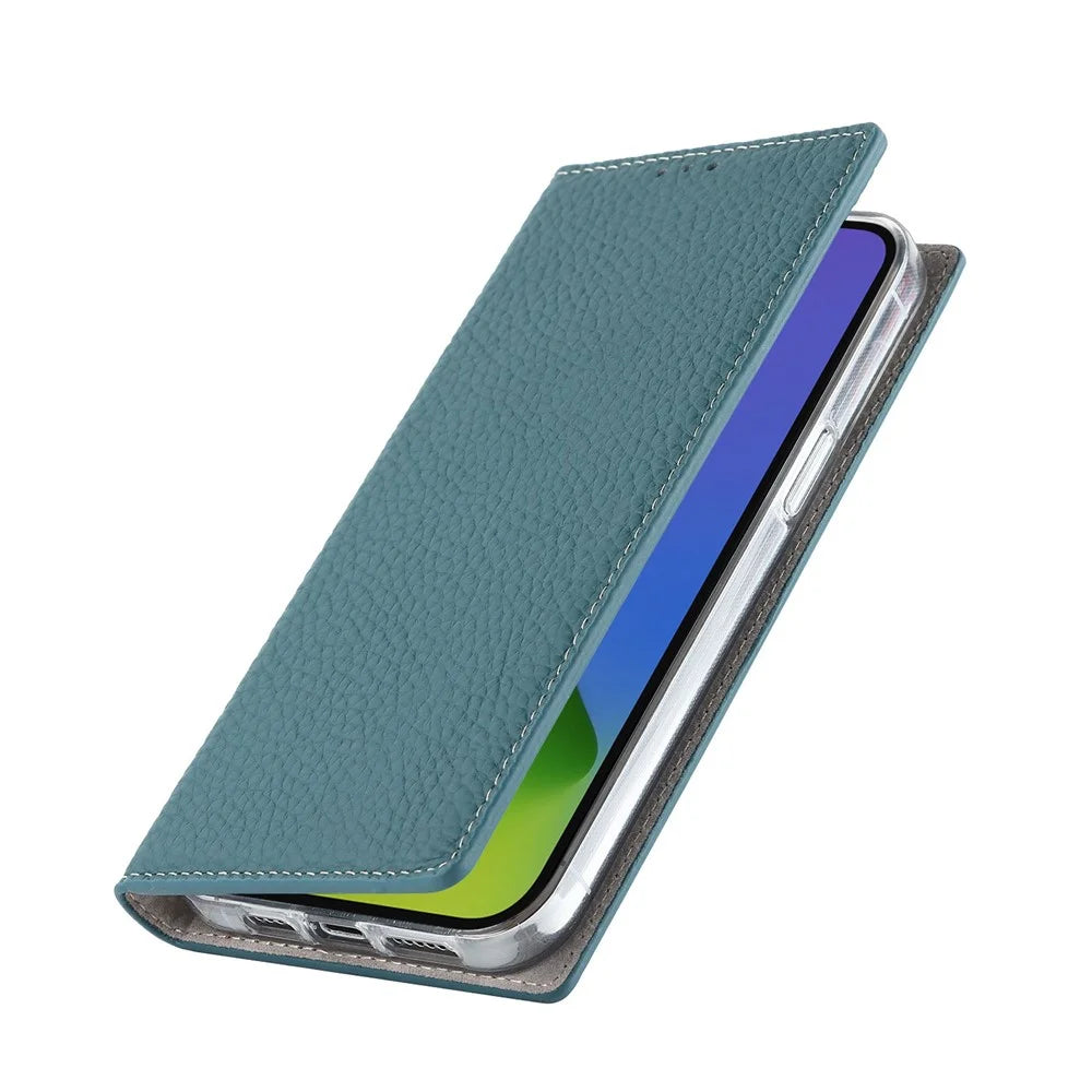 For iPhone 14 Pro Max 6.7 inch Genuine Leather Case Litchi Texture Wallet Stand Folio Flip Phone Cover with Hand Strap - Baby Blue - 6