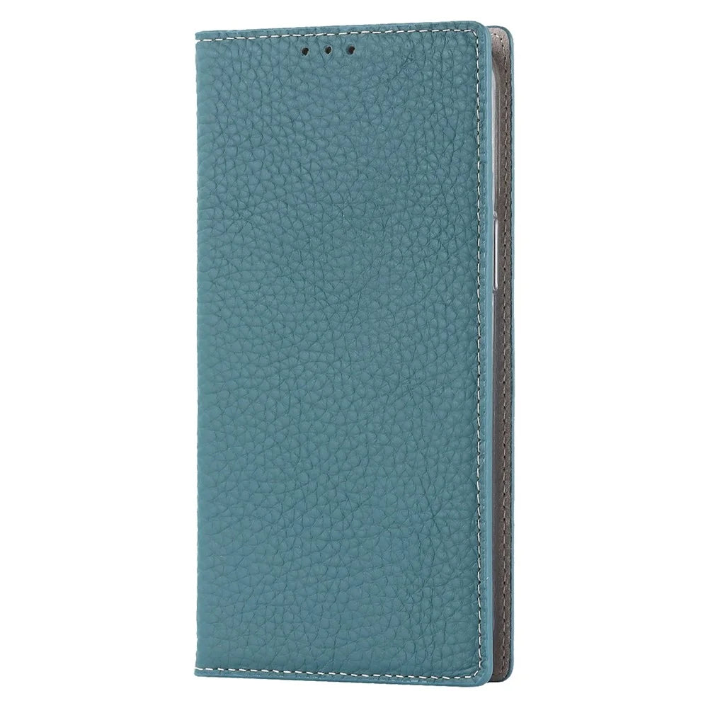 For iPhone 14 Pro Max 6.7 inch Genuine Leather Case Litchi Texture Wallet Stand Folio Flip Phone Cover with Hand Strap - Baby Blue - 7