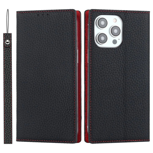 For iPhone 14 Pro 6.1 inch Genuine Leather TPU Phone Cover Litchi Texture Wallet Foldable Stand Protective Case with Hand Strap - Black - 1