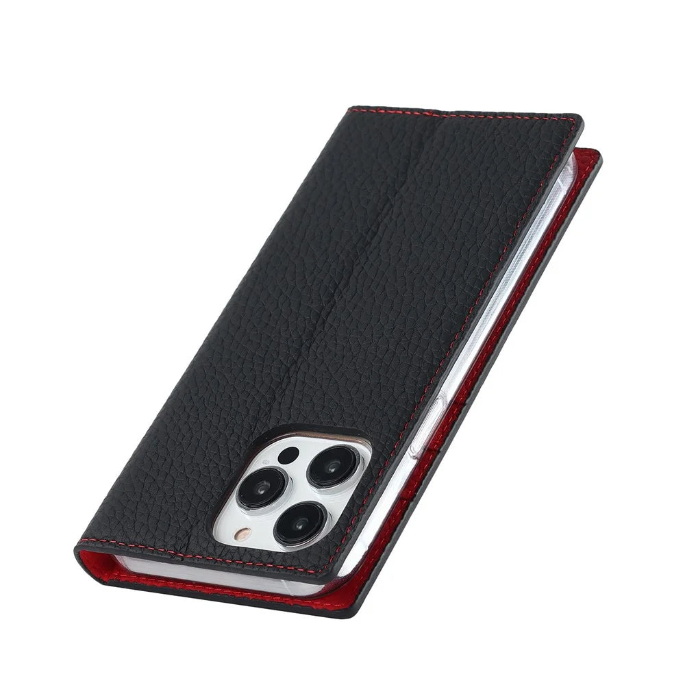 For iPhone 14 Pro 6.1 inch Genuine Leather TPU Phone Cover Litchi Texture Wallet Foldable Stand Protective Case with Hand Strap - Black - 5