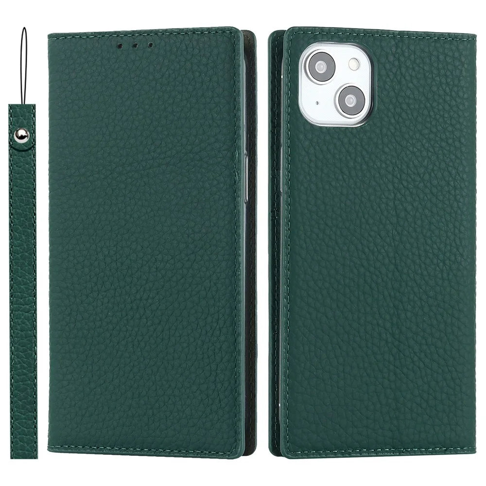 Genuine Leather Case for iPhone 14 6.1 inch, Litchi Texture Drop-proof Phone Wallet Stand Cover with Hand Strap - Green - 1